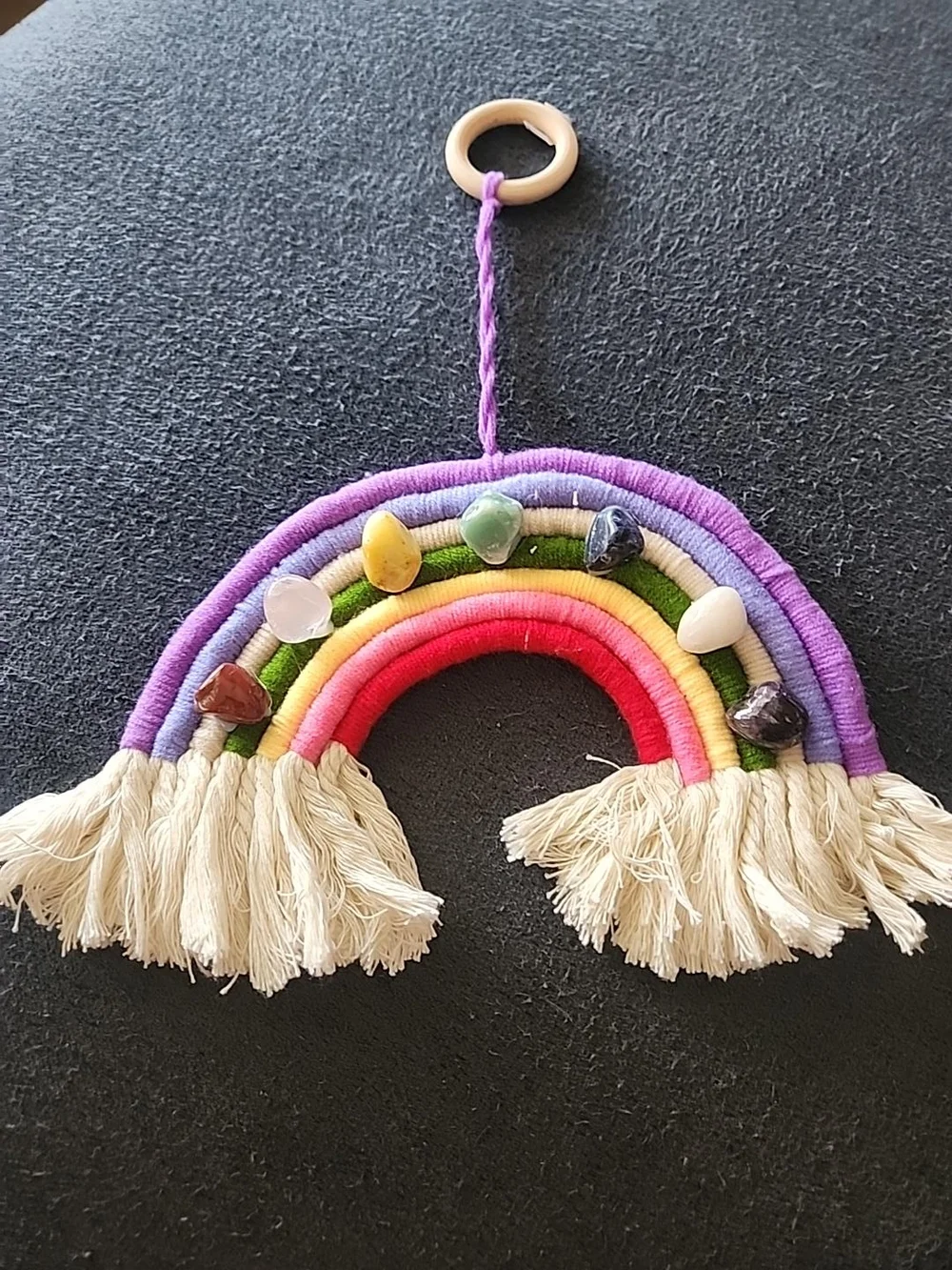 Handmade Macramé Rainbow Wall Hanging with Crystals – Boho Decor